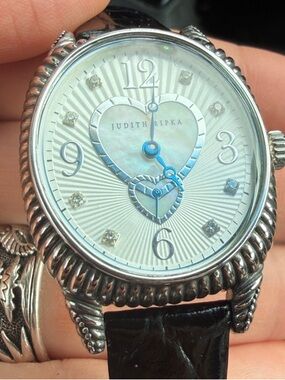 Judith Ripka Silver-Tone Watch with Black Strap and Blue Hands